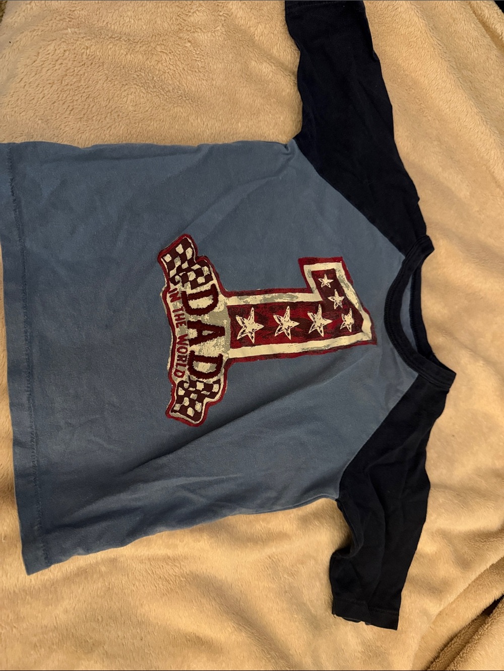 5/$25 GAP Blue Tee with Navy Raglan Sleeves and Red Graphic